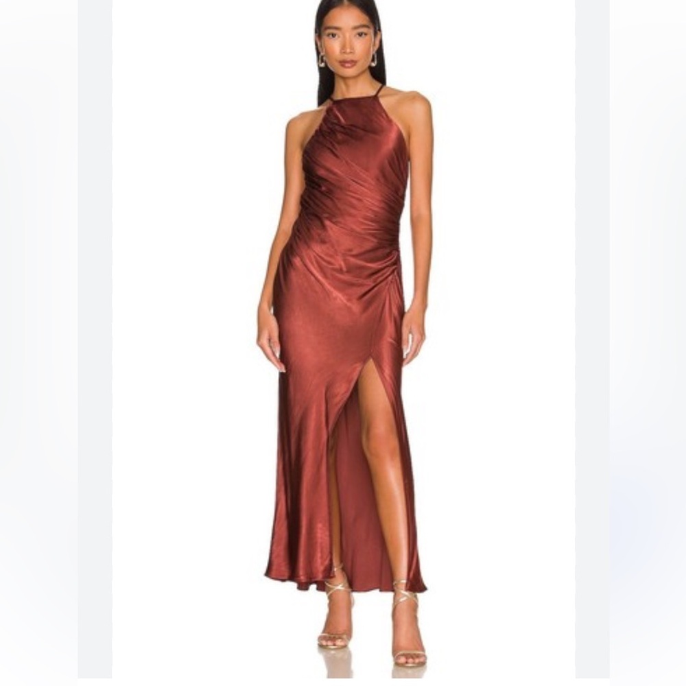 Shona Joy Thalia Gathered Bias Midi Dress Size 6 | Rust Satin Open Back Formal